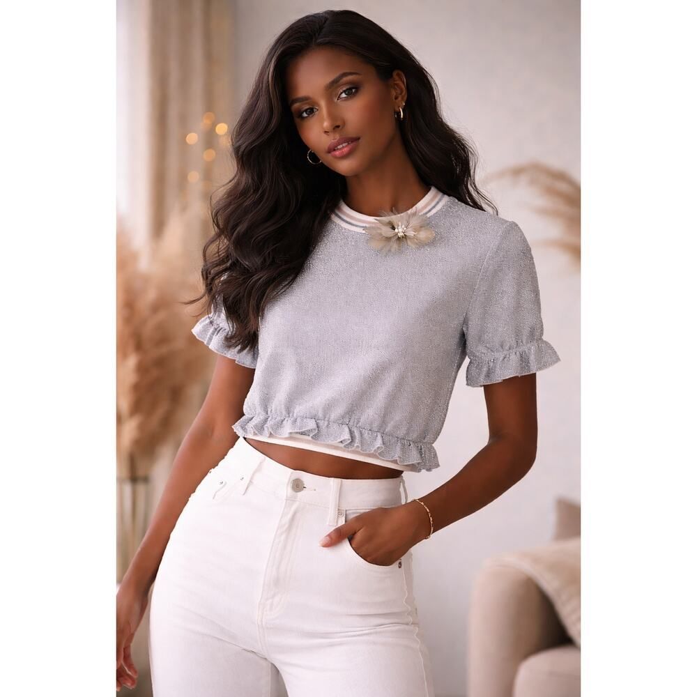 Suno Metallic Silver Shimmer Ruffle Hem Top w Butterfly Feather Pearl Brooch  0